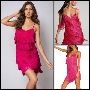 Cheryl Creations Fuchsia Pink Fringe Tiered Jeweled Zipper Flapper Mini Dress S